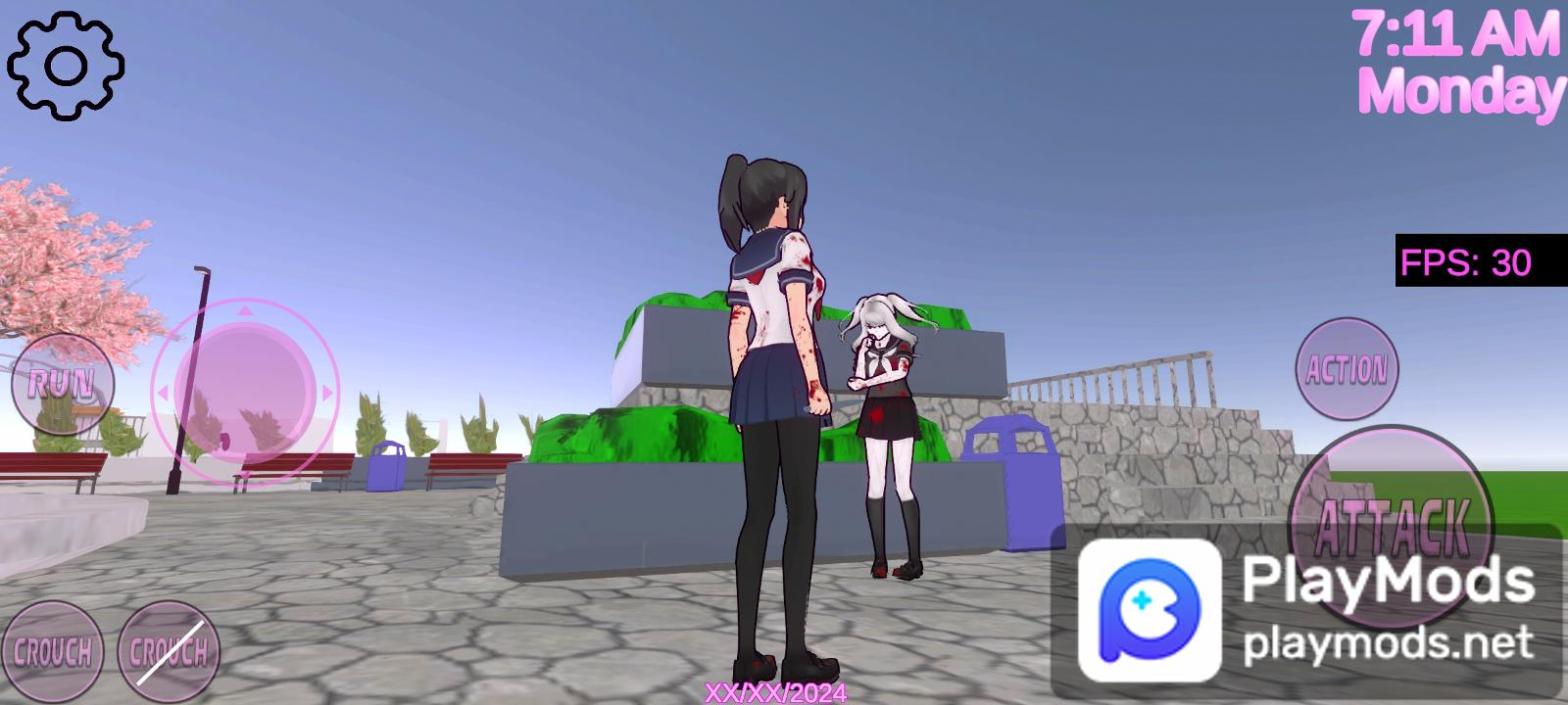 YanDeroid Simulator 2015 game screenshot showing two schoolgirls with bloodstains in a schoolyard with UI elements for action and attack.