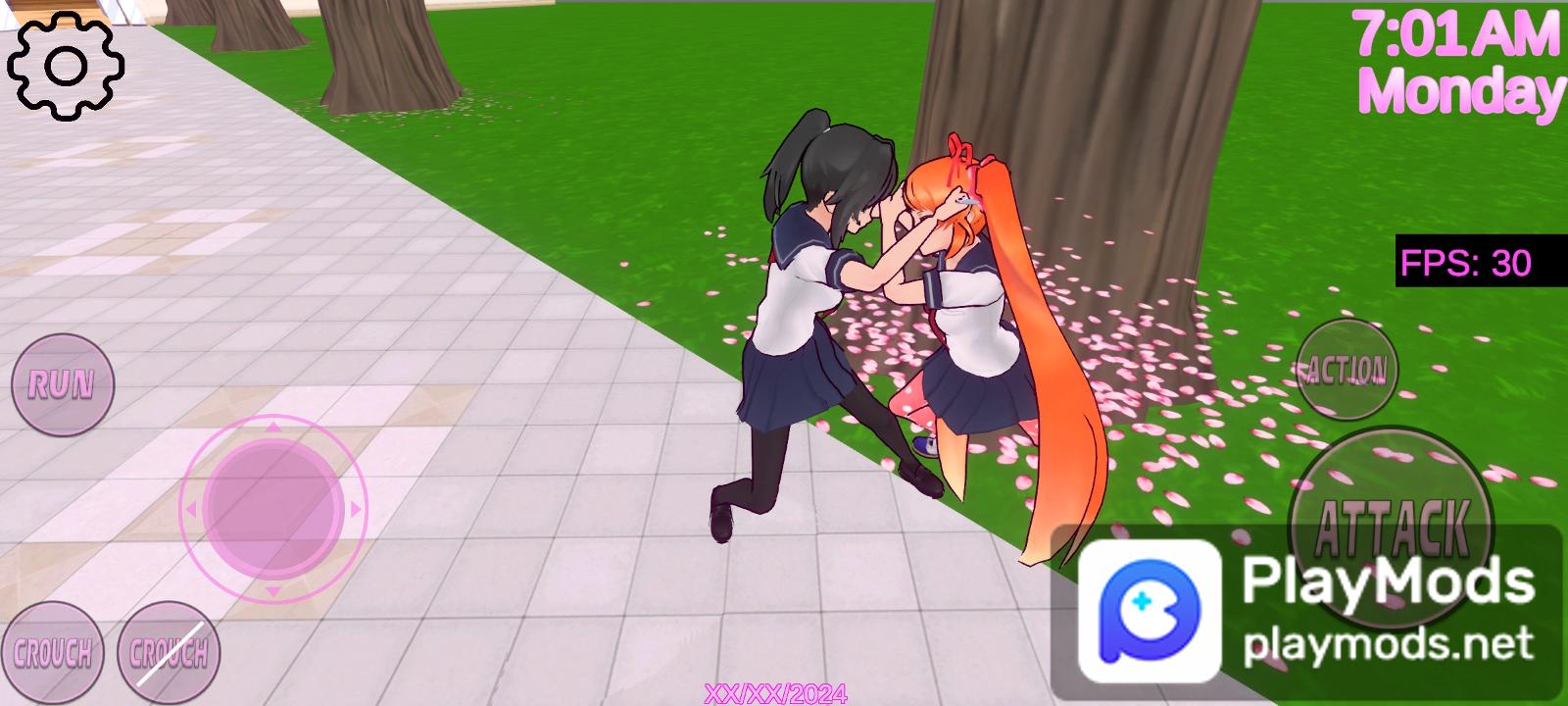 Yandere Simulator 2015 gameplay shows two schoolgirls fighting in the schoolyard with cherry blossoms falling around them. Combat interface visible.