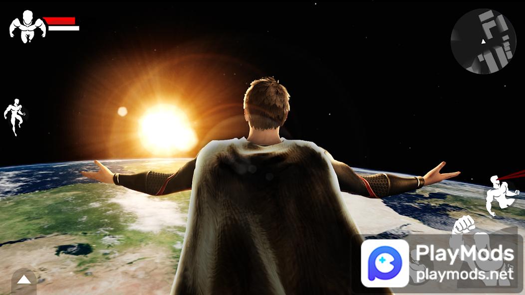 OverPeak: Action Game – A superhero overlooking Earth from space with the sun rising and various action icons.