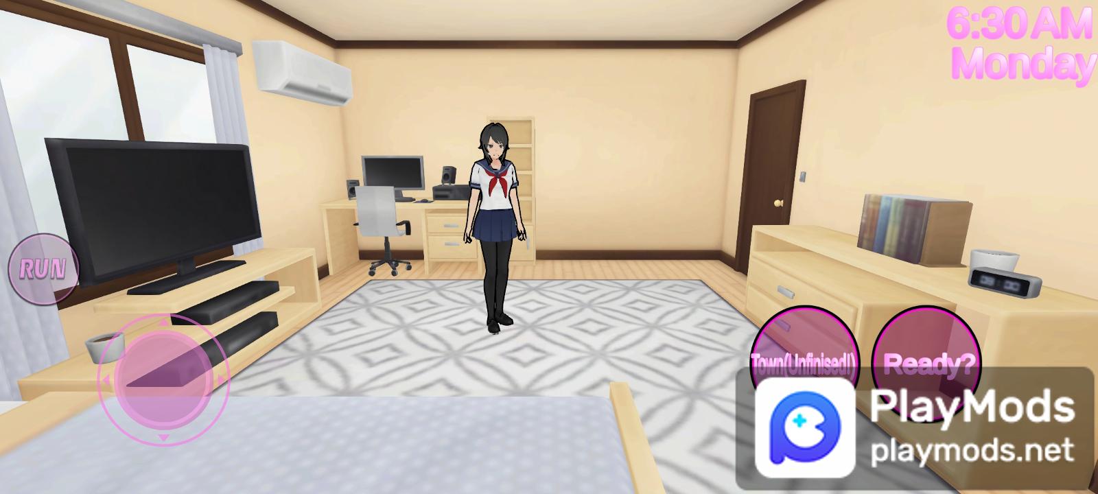 YanDeroid Simulator 2015: A schoolgirl stands in her room. The game interface shows options for 'Run', 'Town (Unfinished!)', and 'Ready?'