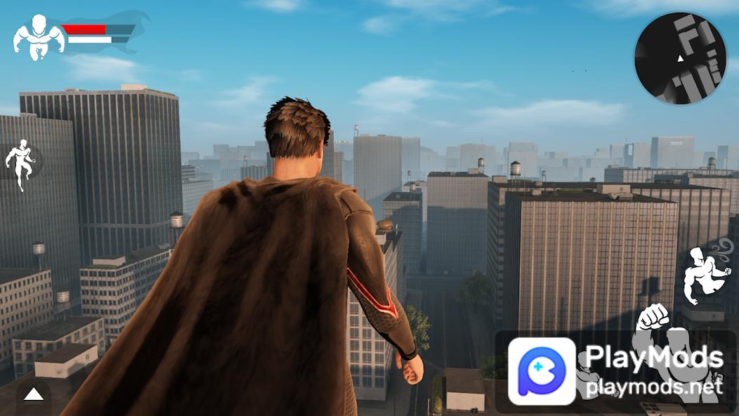 OverPeak: Action Game – A superhero with a cape stands on a rooftop overlooking a sprawling city skyline under a clear blue sky.
