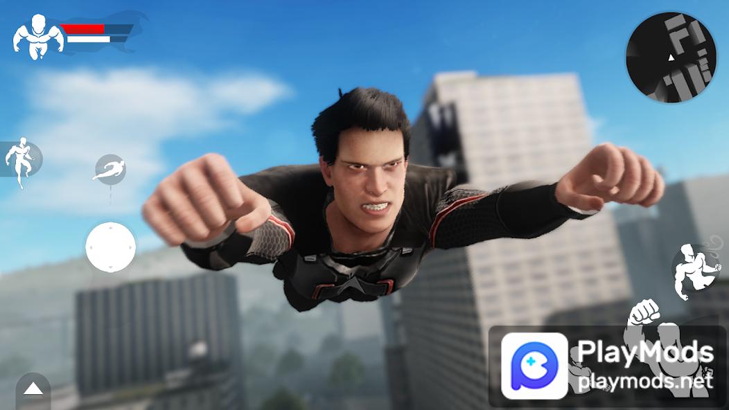 OverPeak: Action Game – A man in a superhero suit flies through a city with buildings in the background, showing game interface elements.