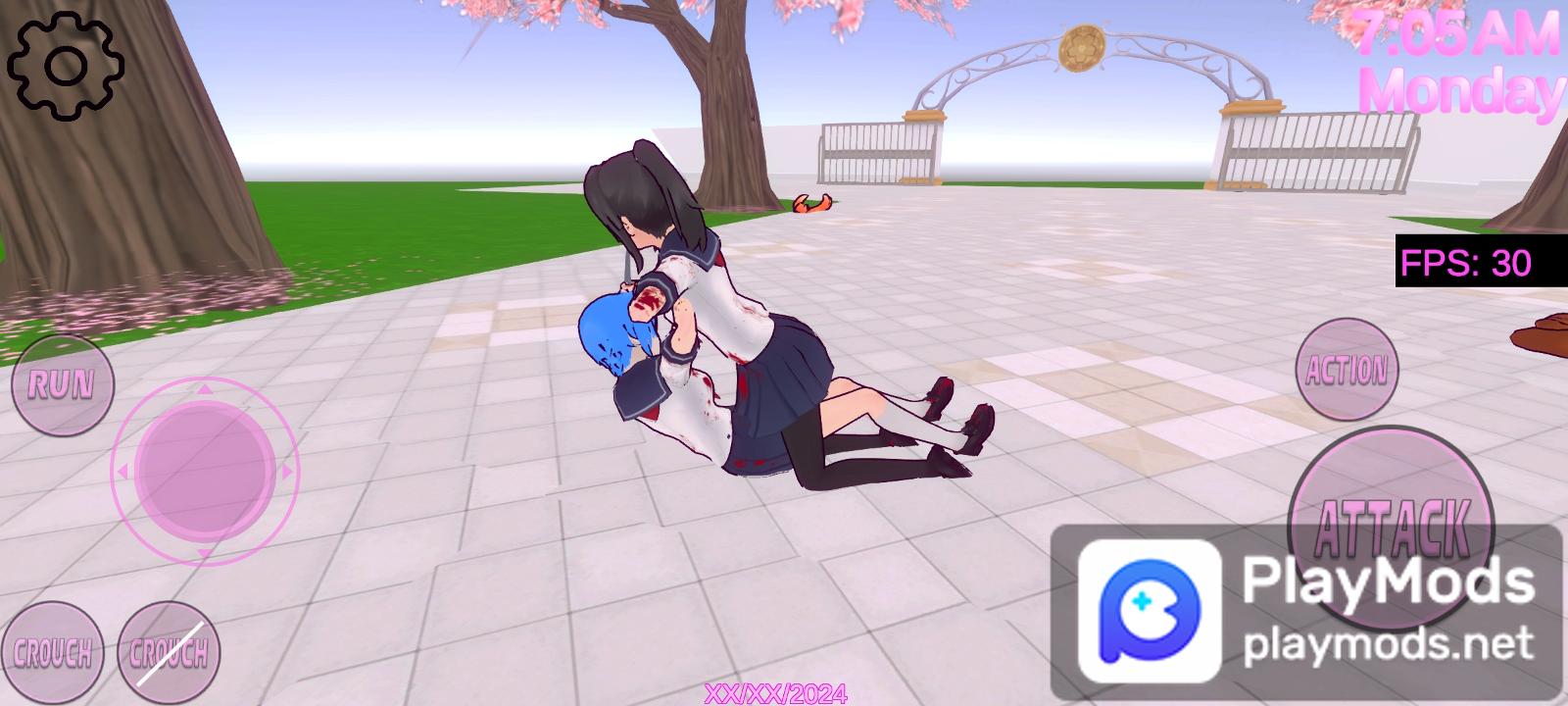 YanDeroid Simulator 2015 gameplay shows a student attacking another student on the school grounds, with blood splatters visible.
